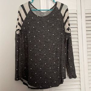 Grey and white polka dot long sleeve Maurice’s shirt